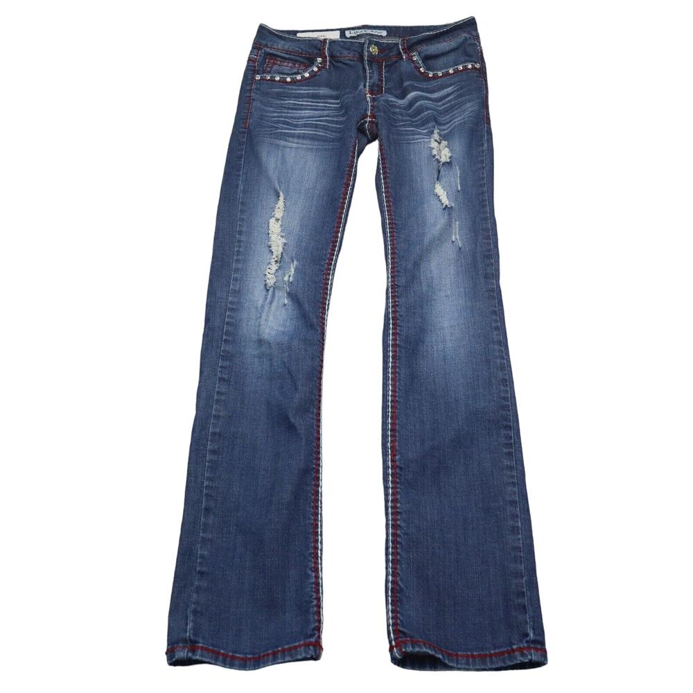 Liuce Pants Womens 7 Blue Denim Flat front Straight Pockets Distressed Jeans